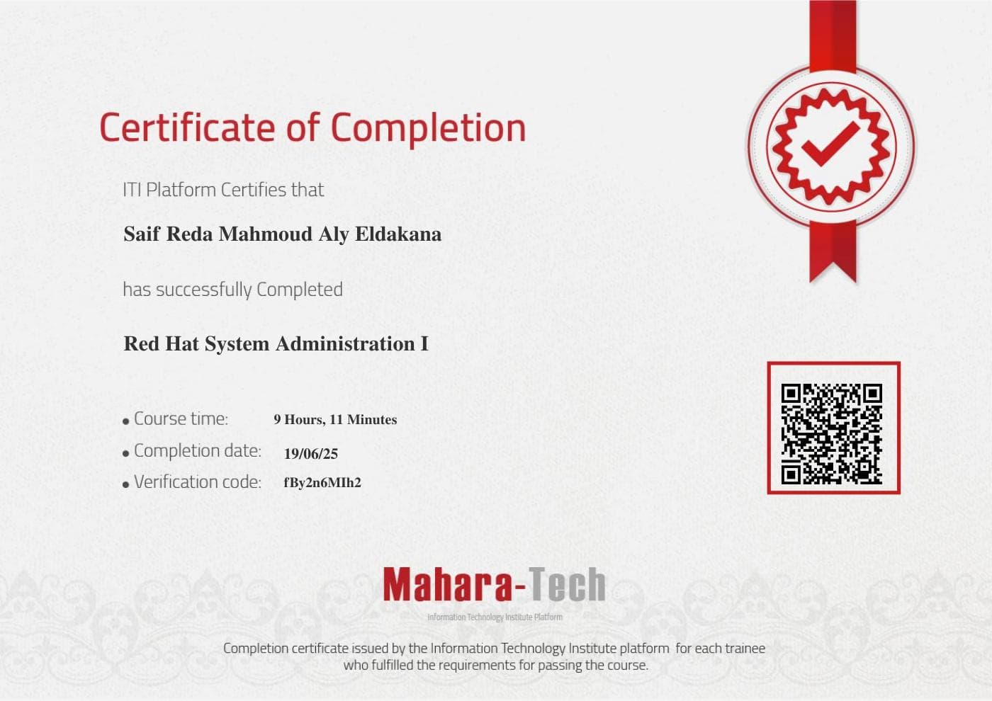 Red Hat System Administration I certificate preview